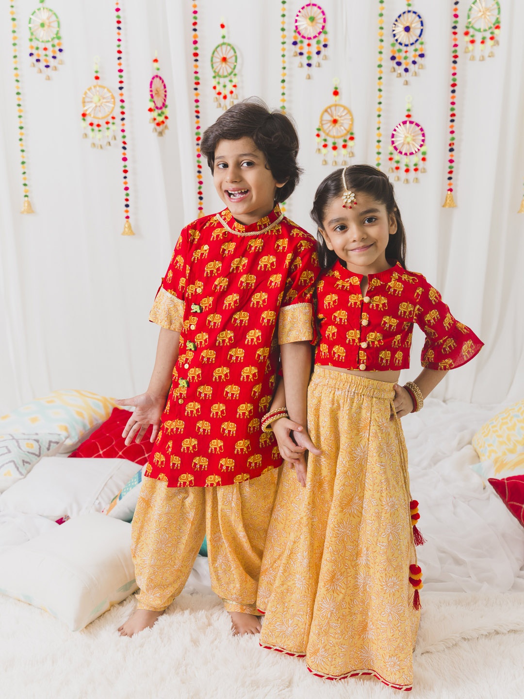 

pspeaches Boys Red Floral Embroidered Pure Cotton Kurta with Dhoti Pants