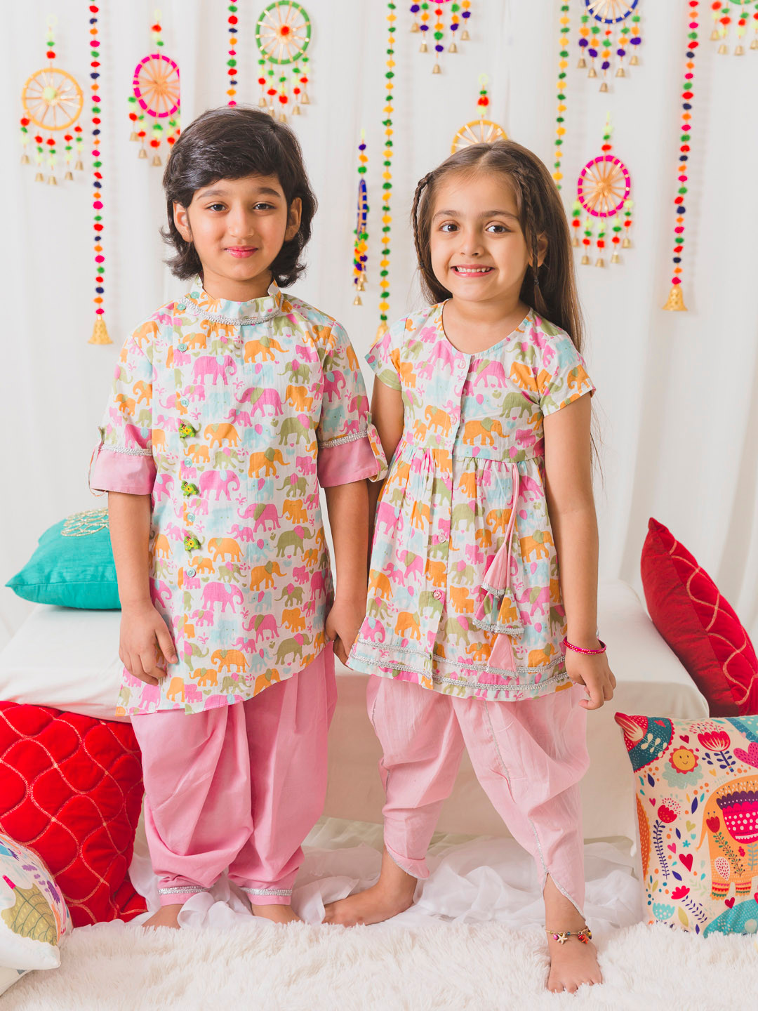 

pspeaches Boys KP-Pink Elephant-2 Angrakha Pure Cotton Top with Salwar