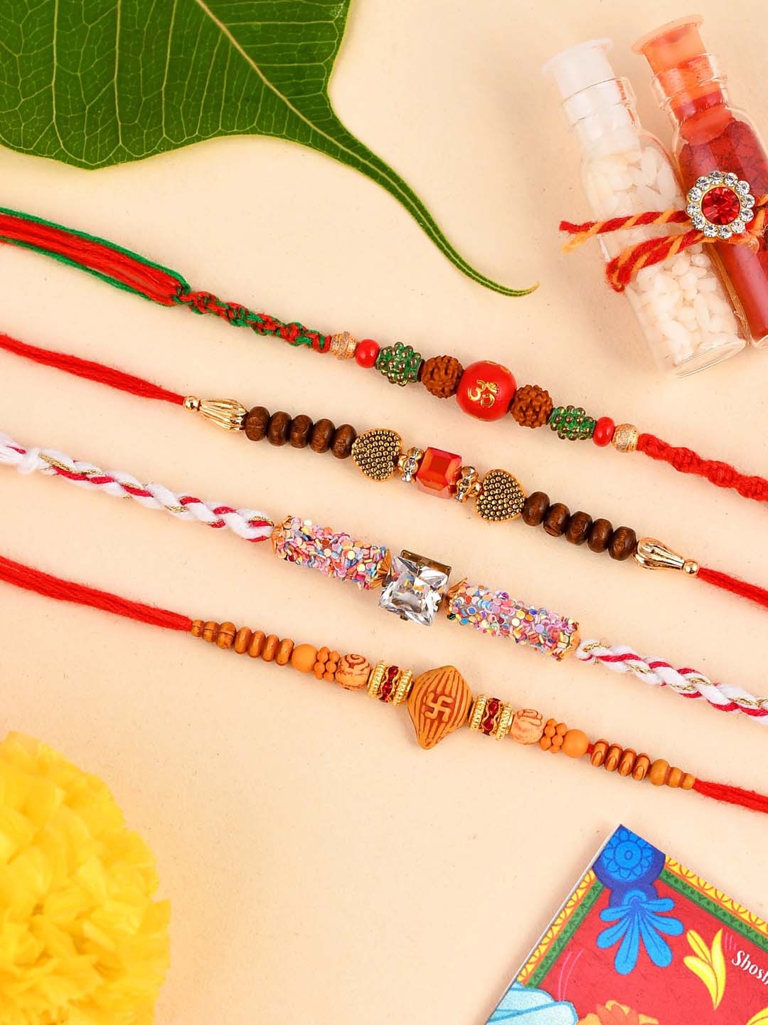 

Shoshaa Men Set Of 4 Multicoloured Rudraksha Beaded Combo Bhai Rakhi, Multi