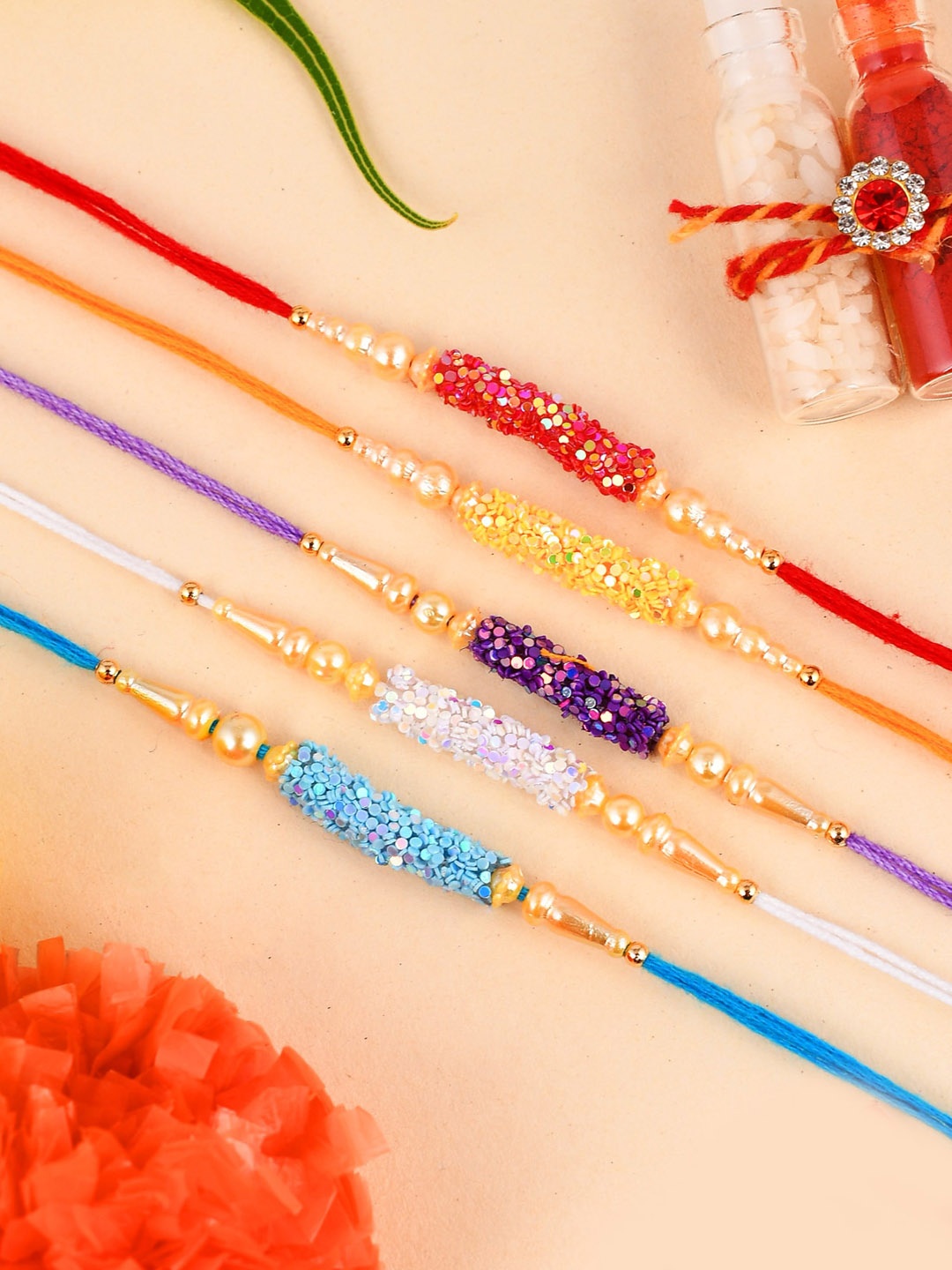 

Shoshaa Set Of 5 Stone-Studded Beaded Combo Bhai Rakhi, Blue