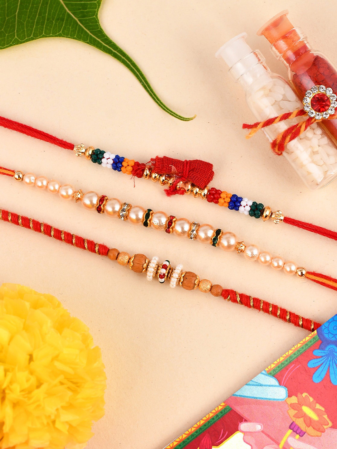 

Shoshaa Men Set of 3 Multicolored Pearls Thread Beaded Combo Bhai Rakhi, Multi
