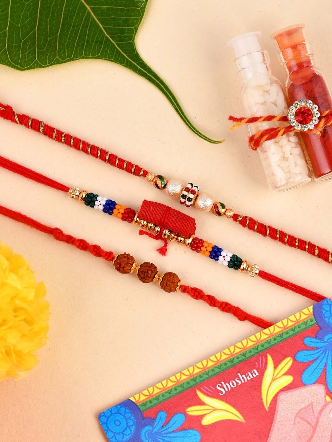 

Shoshaa Set Of 3 Red Thread Rudraksha Beaded Combo Bhai Rakhi