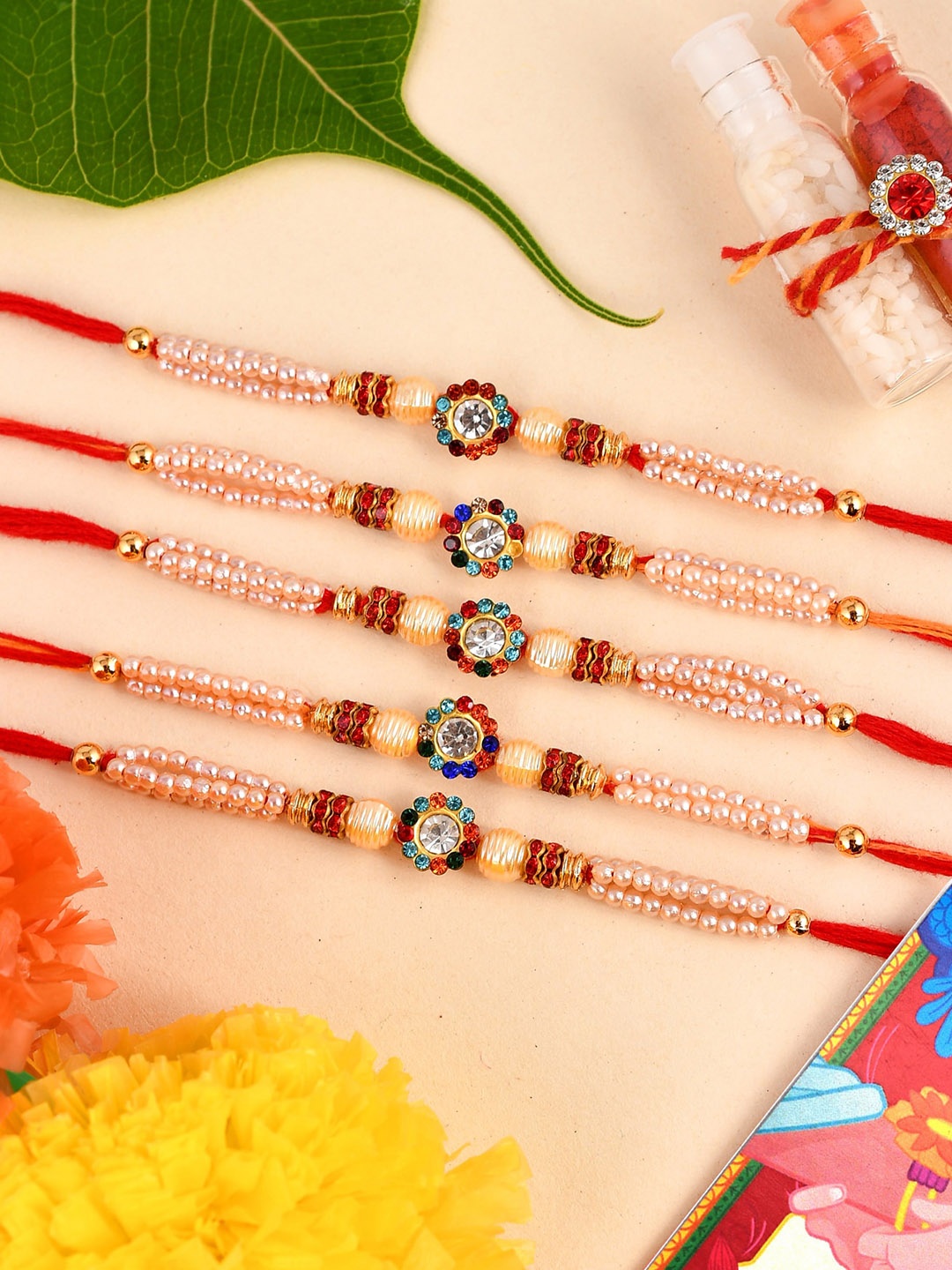 

Shoshaa Set of 5 Red & Gold-Toned Rakhis