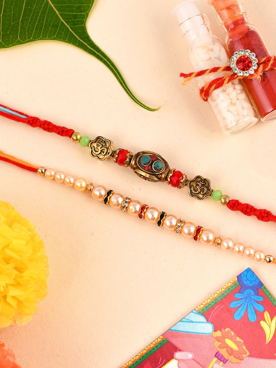 

Shoshaa Set Of 2 Multicoloured Stone-Studded & Beaded Combo Bhai Rakhi, Multi