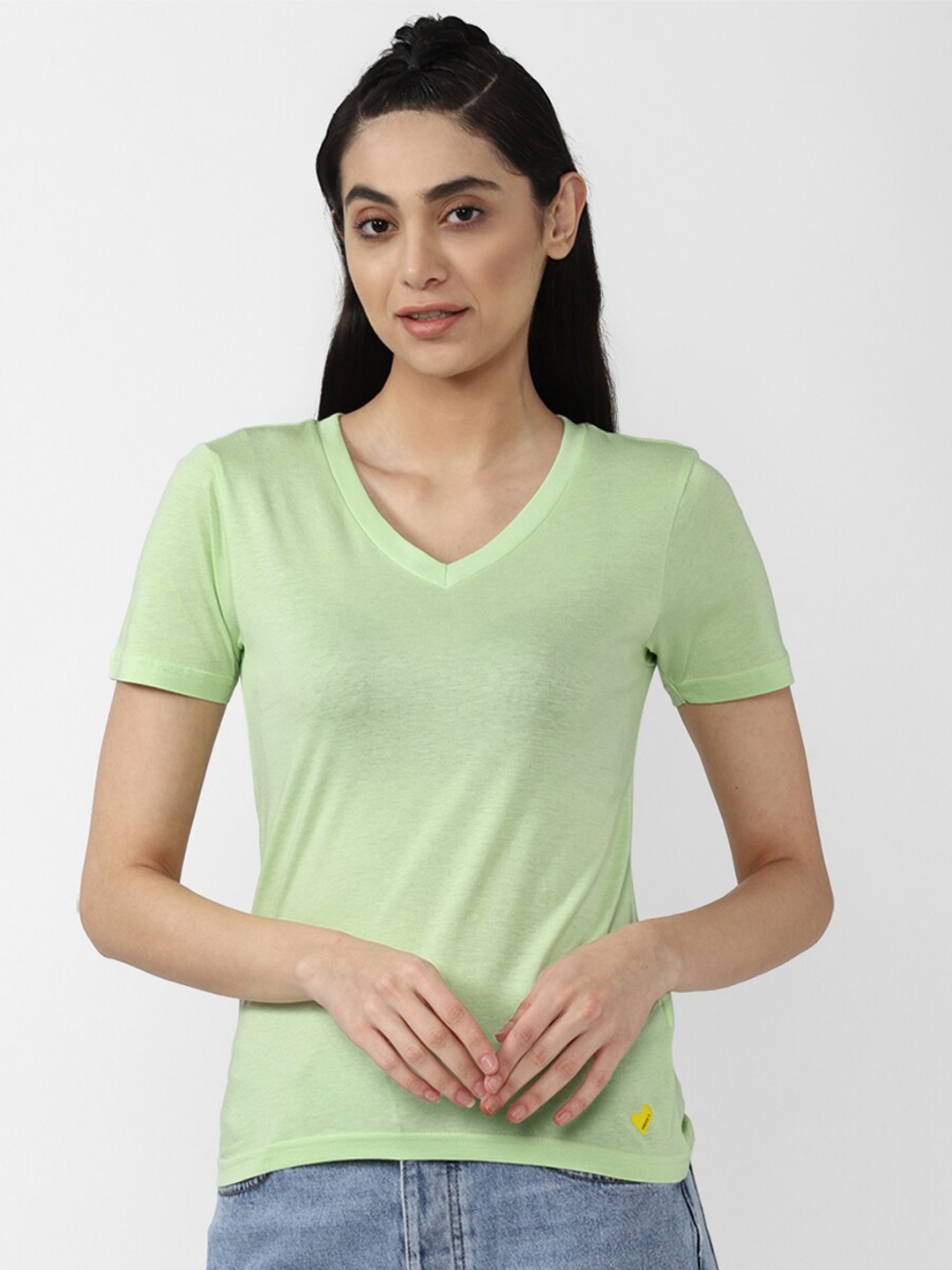 

FOREVER 21 Women V -Neck Solid Green Top