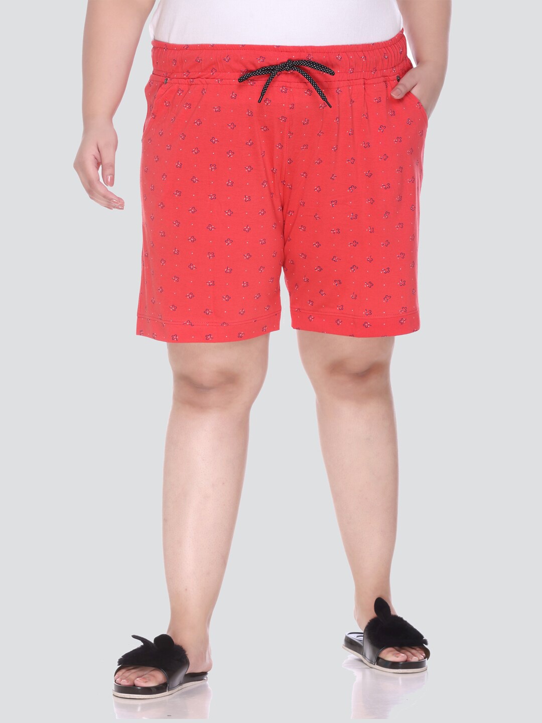 

CUPID Women Plus Size Red Printed Cotton Lounge Shorts