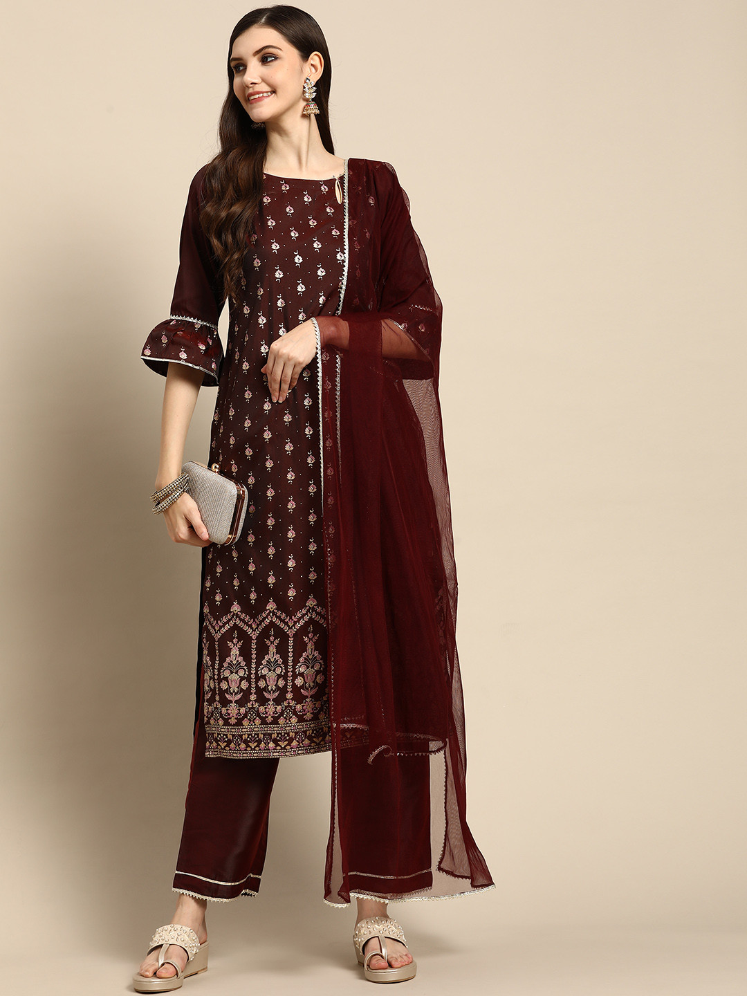 

GERUA Women Maroon Floral Printed Kurta with Trousers & With Dupatta