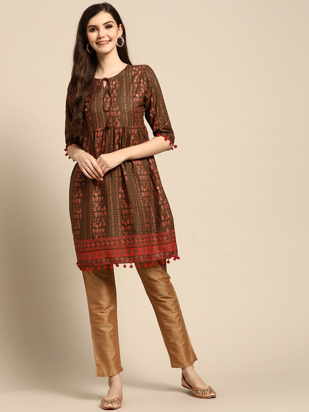 

GERUA Brown & Red Floral Printed Anarkali Kurti