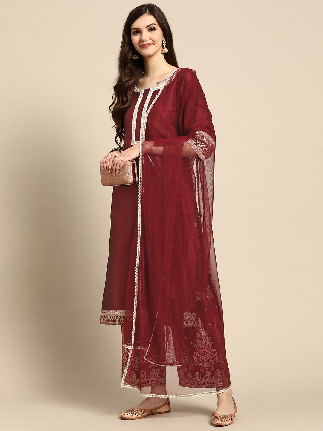 

GERUA Women Maroon Mirror Work Kurta with Palazzos & With Dupatta