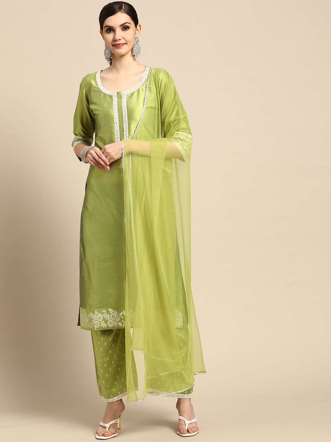 

GERUA Women Lime Green Mirror Work Kurta with Palazzos & With Dupatta
