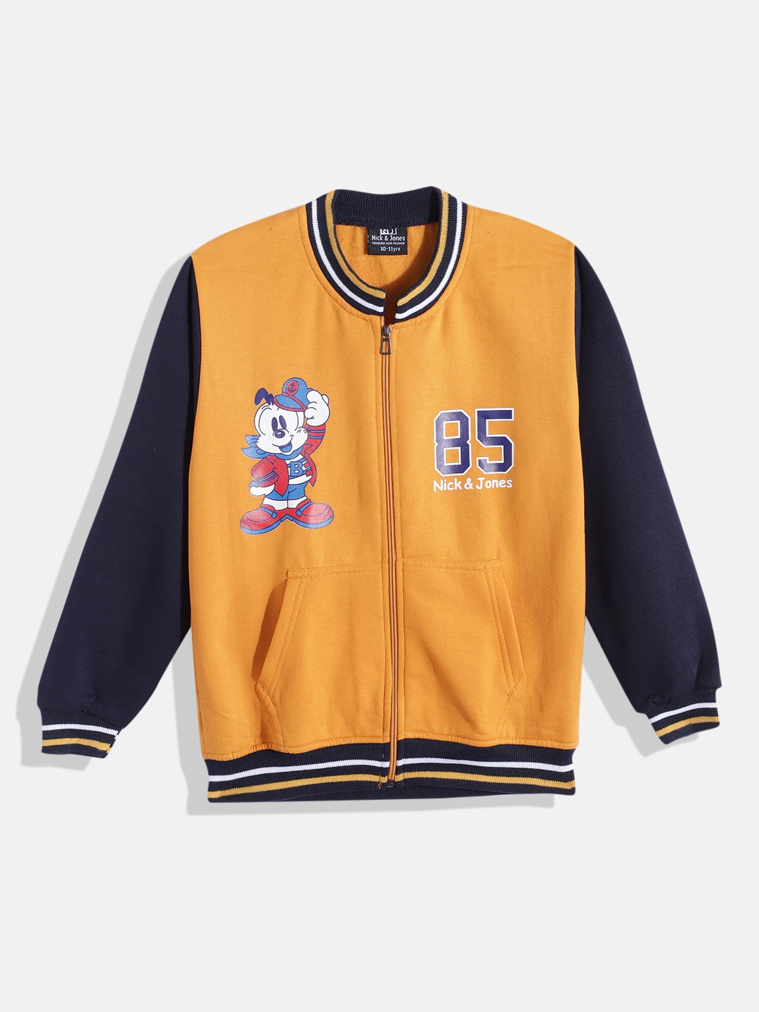 

Nick and Jones Boys Mustard Yellow & Navy Blue Printed Varsity Jacket