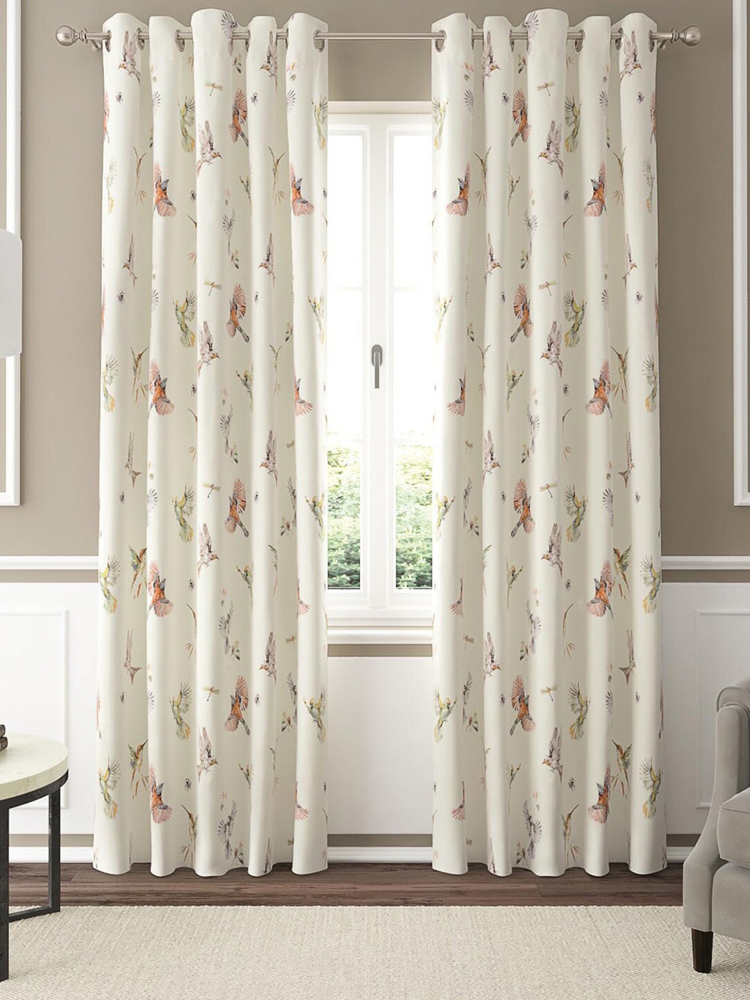 

GM Cream-Coloured & Red Set of 2 Floral Room Darkening Door Curtain