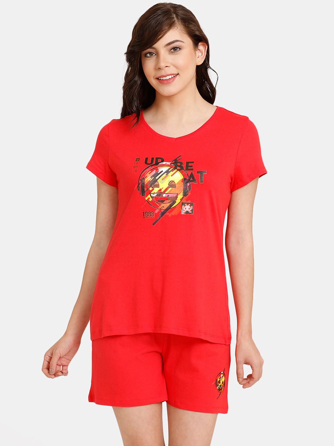 

Rosaline Emoji Knit Cotton Shorts Set - Hibiscus, Red