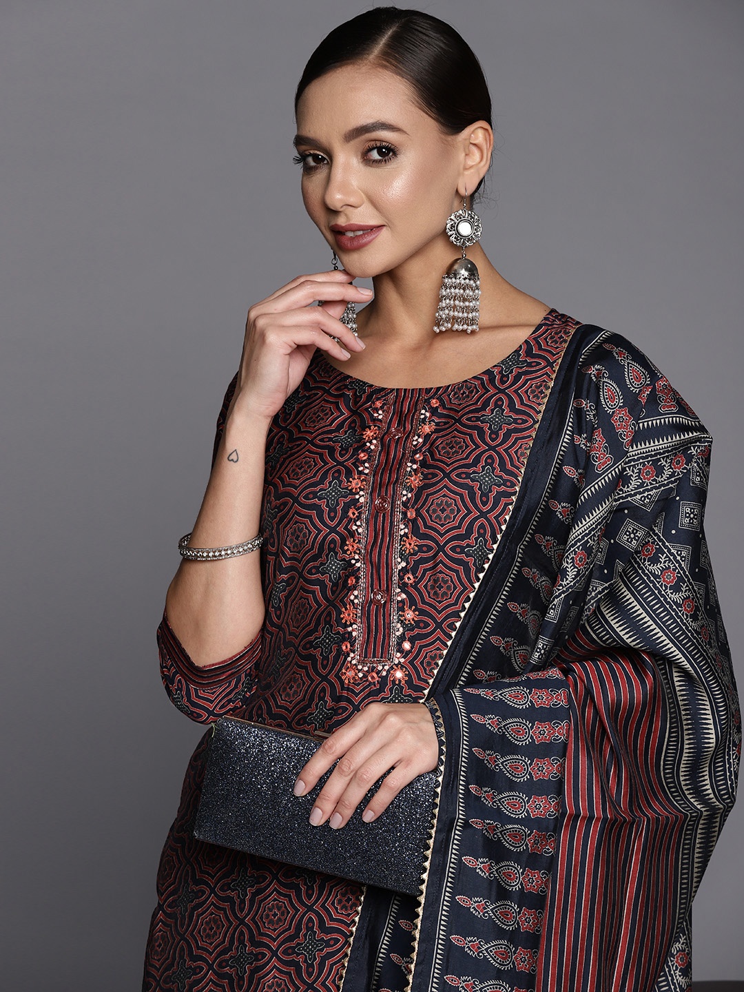 

Libas Women Navy Blue Ethnic Motifs Printed Mirror Work Kurta with Trousers & Dupatta