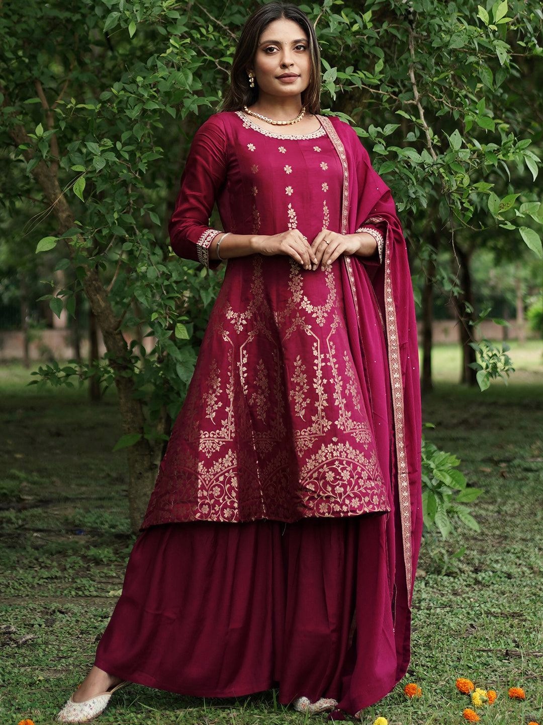 

Libas Women Maroon Floral Sequinned Kurta with Sharara & With Dupatta