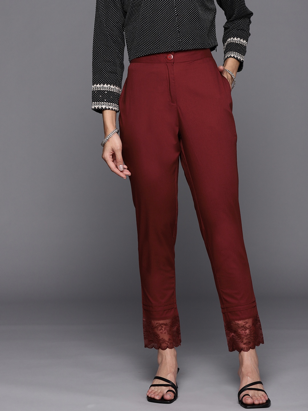 

Libas Women Maroon Relaxed Straight Leg Cotton Hem Design High-Rise Trousers