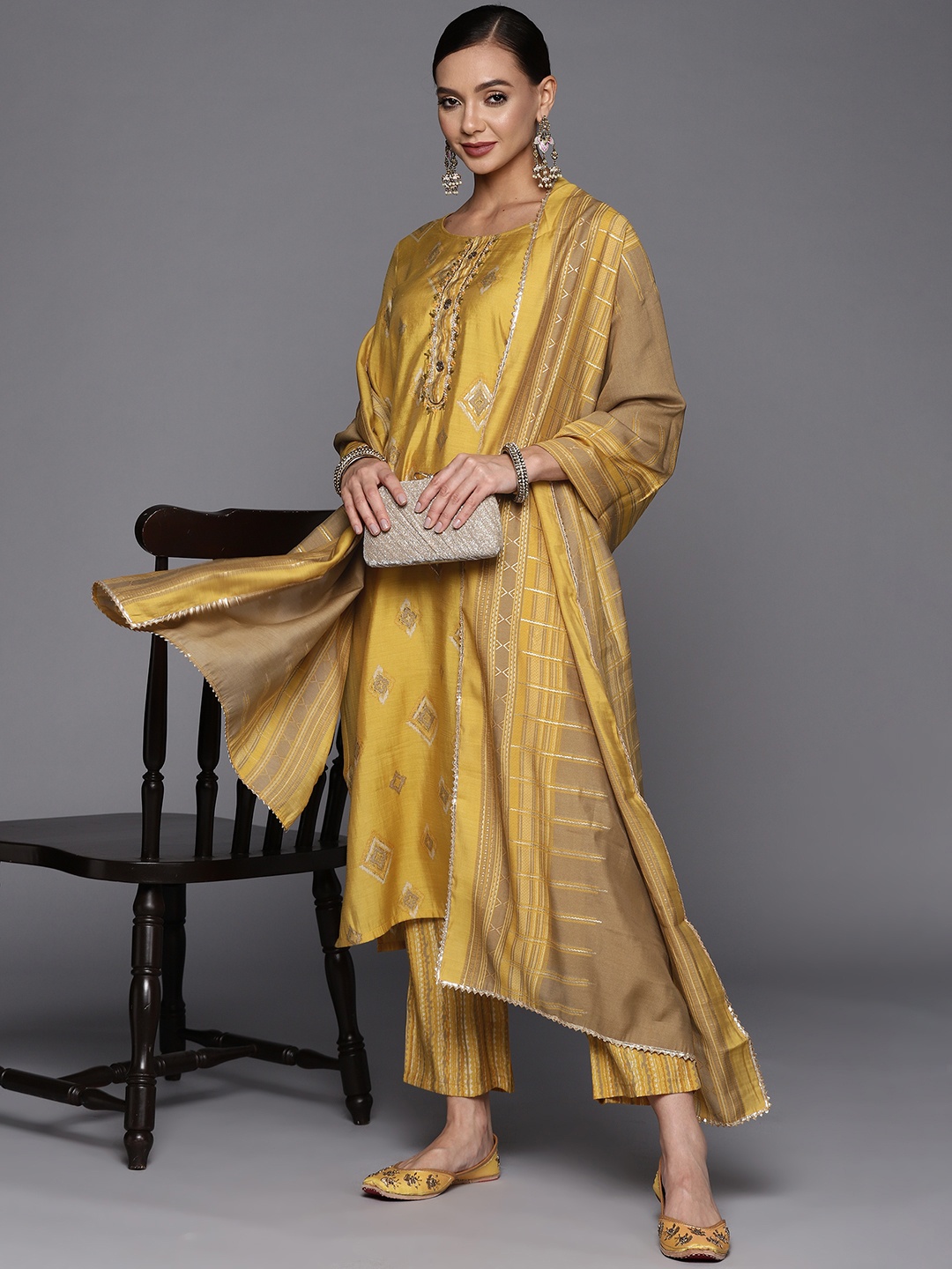 

Libas Women Yellow Printed Kurta with Trousers & Dupatta