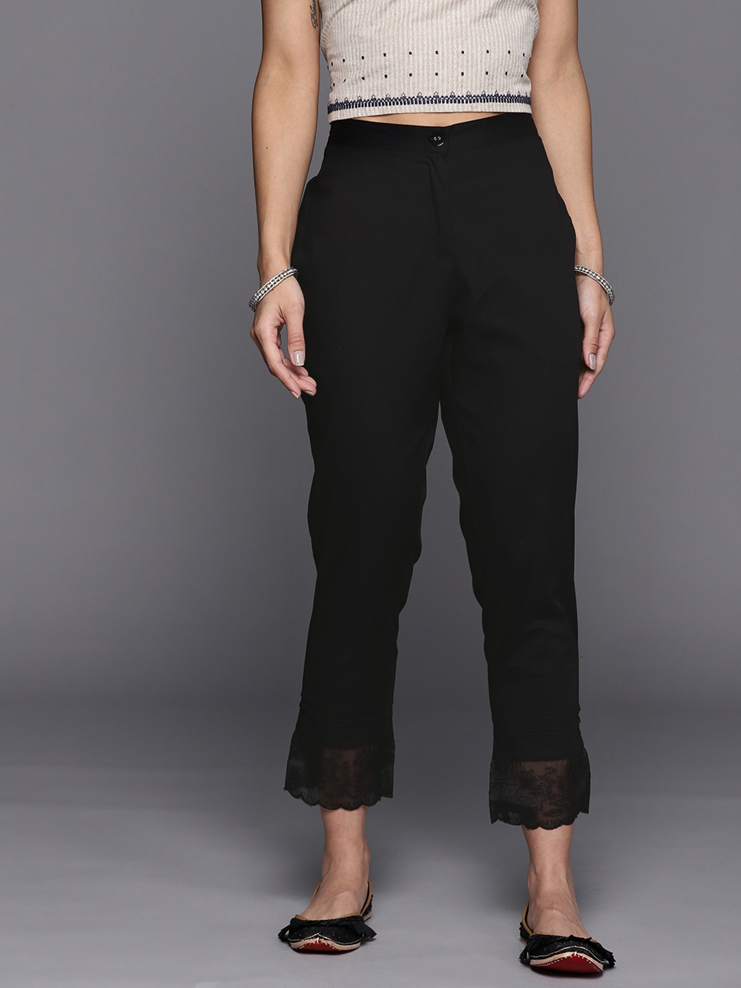 

Libas Women Black Relaxed Straight Leg Cotton Hem Design High-Rise Trousers