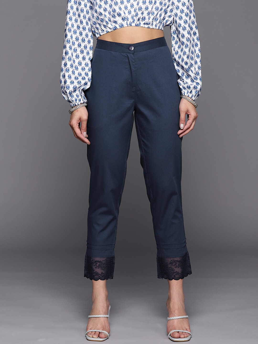 

Libas Women Navy Blue Relaxed Straight Leg Cotton Hem Design High-Rise Trousers