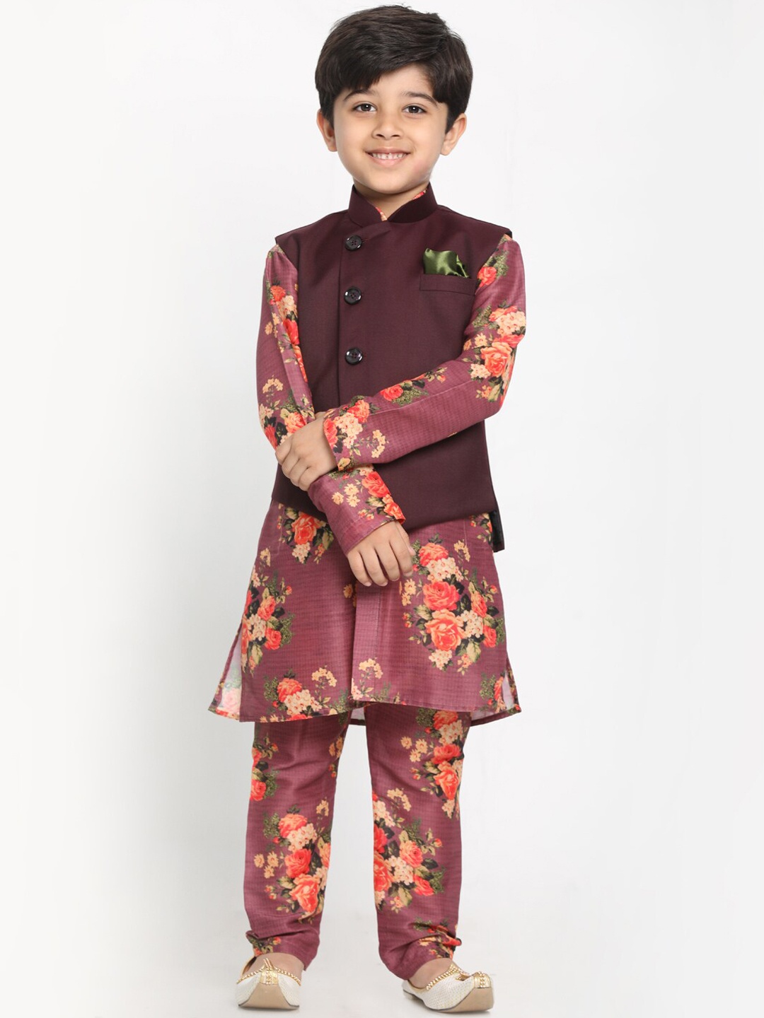 

VASTRAMAY Boys Purple Floral Kurti with Pyjamas