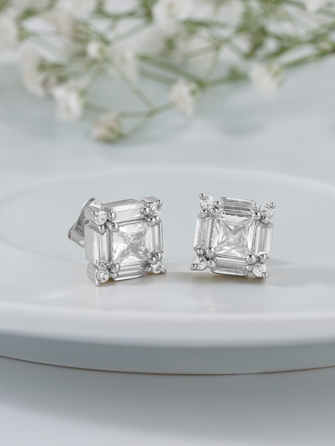 

MINUTIAE Silver-Toned Square Studs Earrings