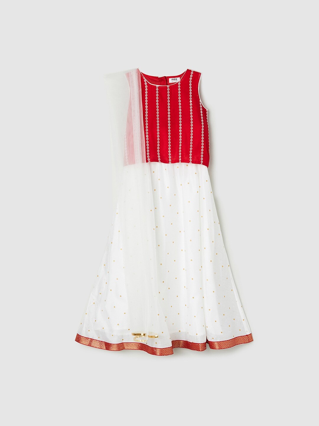 

max Girls Red & White Embroidered Ready to Wear Lehenga & Blouse With Dupatta