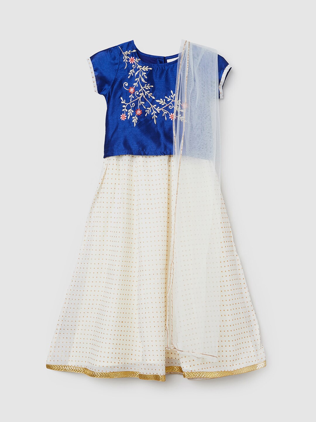 

max Girls Blue & White Embroidered Ready to Wear Lehenga & Blouse With Dupatta