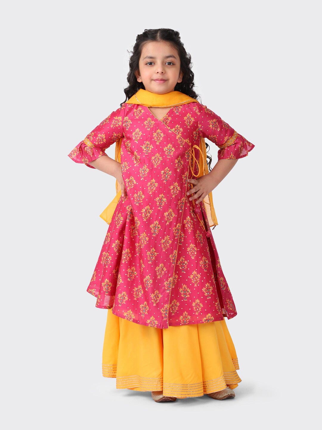 

Fabindia Girls Pink & Yellow Printed Ready To Wear Lehenga & Blouse With Dupatta