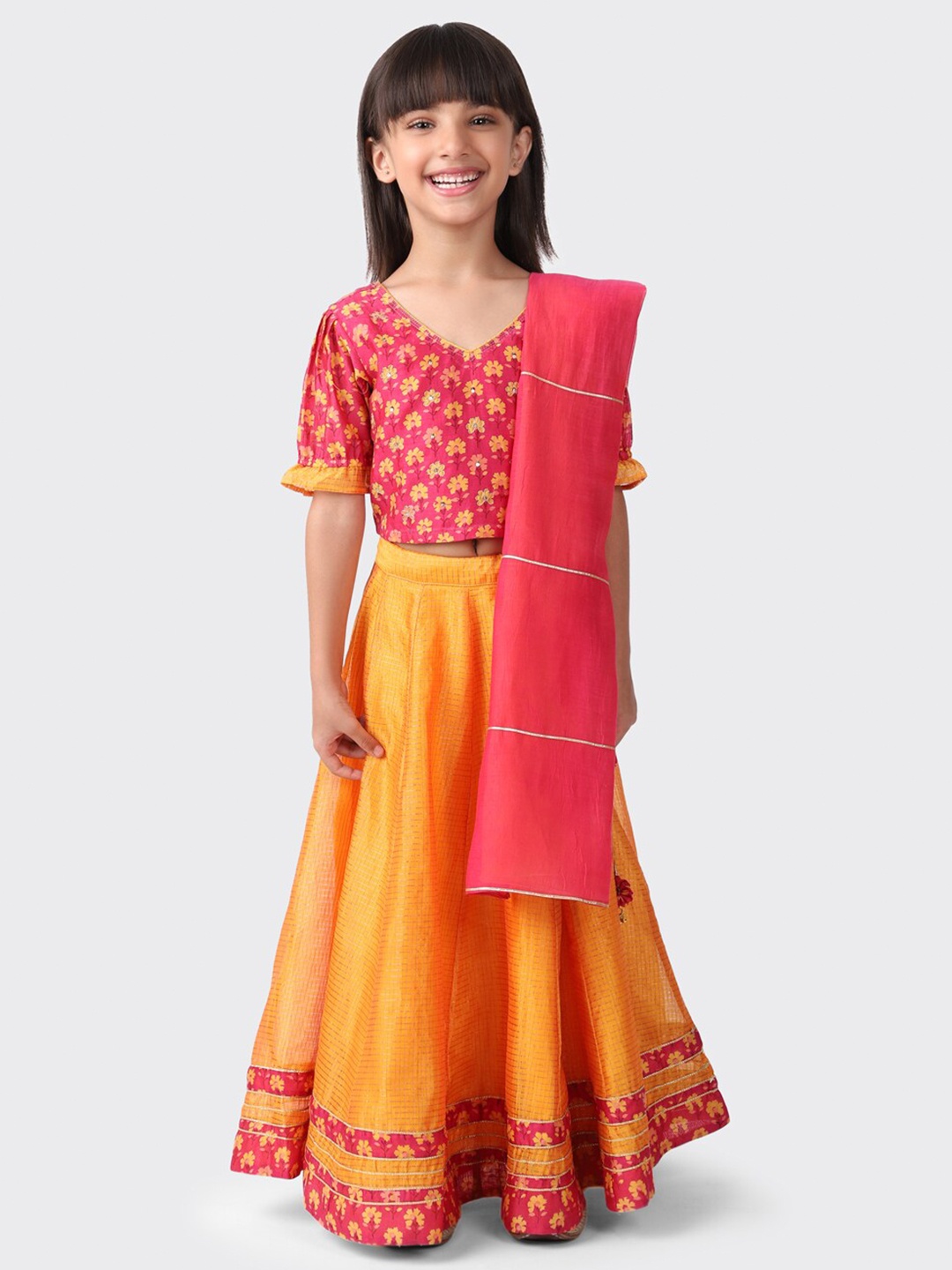 

Fabindia Girls Pink & Yellow Printed Ready to Wear Lehenga & Blouse With Dupatta