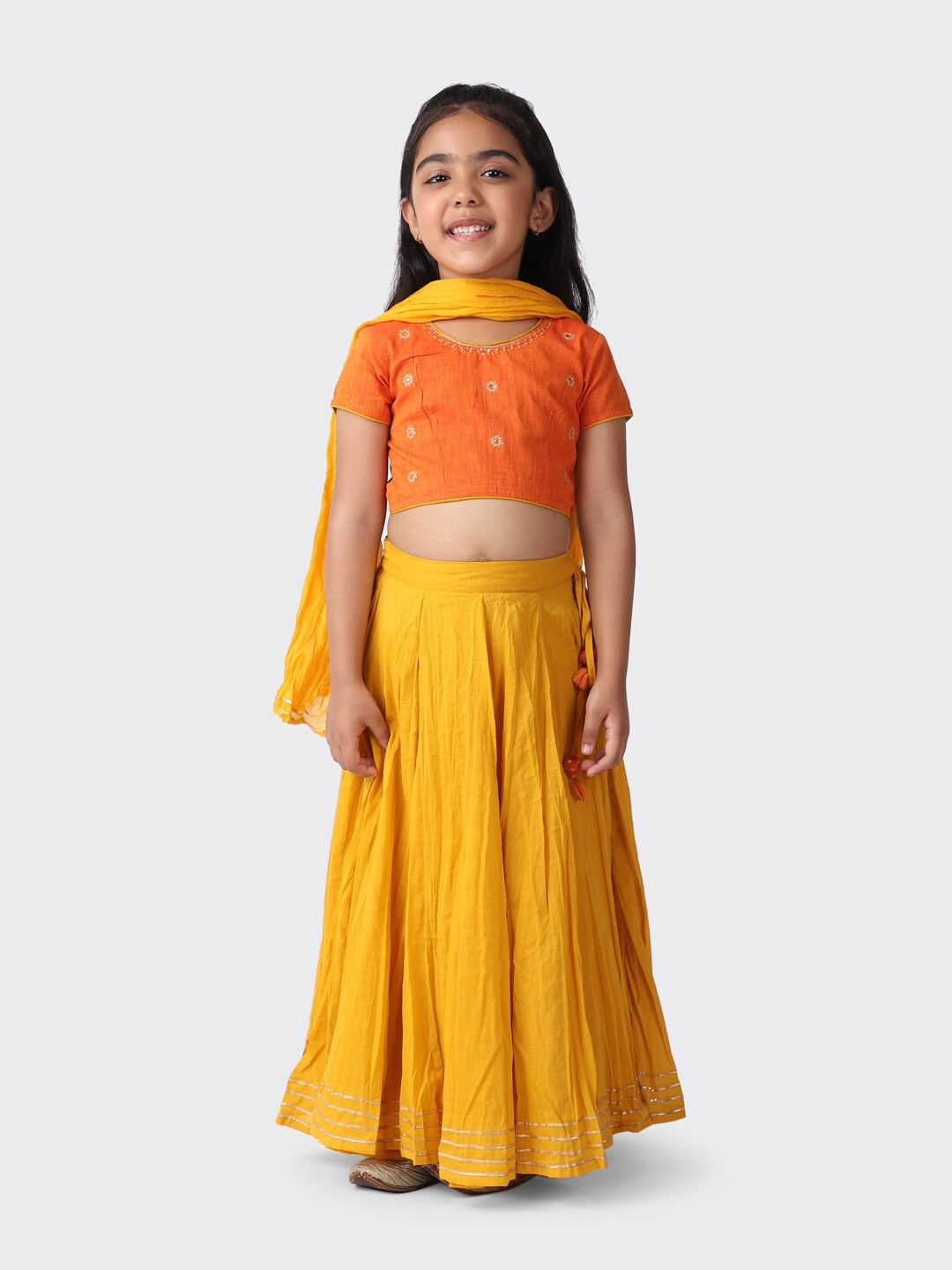 

Fabindia Girls Orange & Yellow Embroidered Ready to Wear Lehenga & Blouse With Dupatta