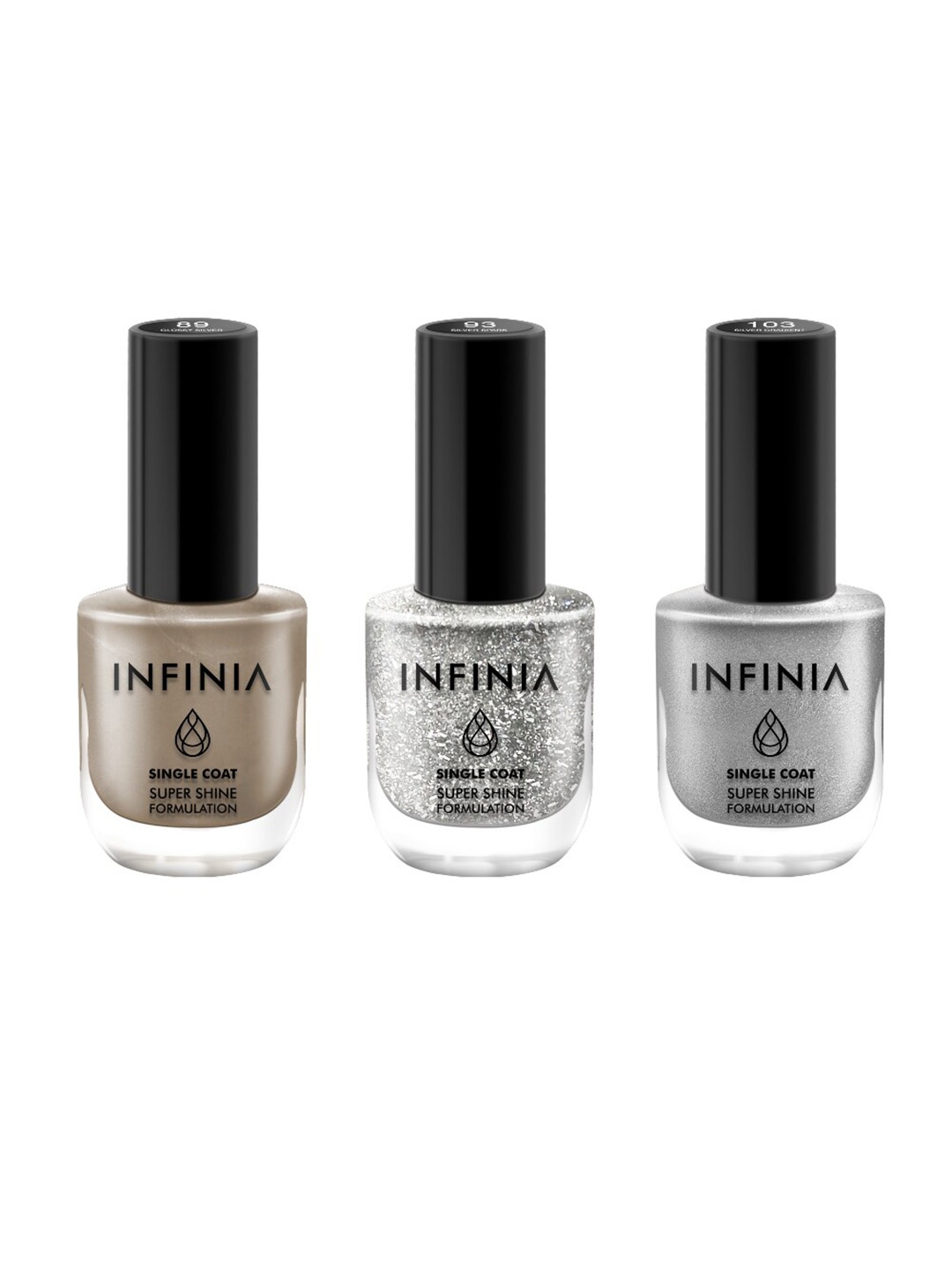 

INFINIA Set of 3 Single Coat Super Shine Nail Paint - 12ml each, Silver