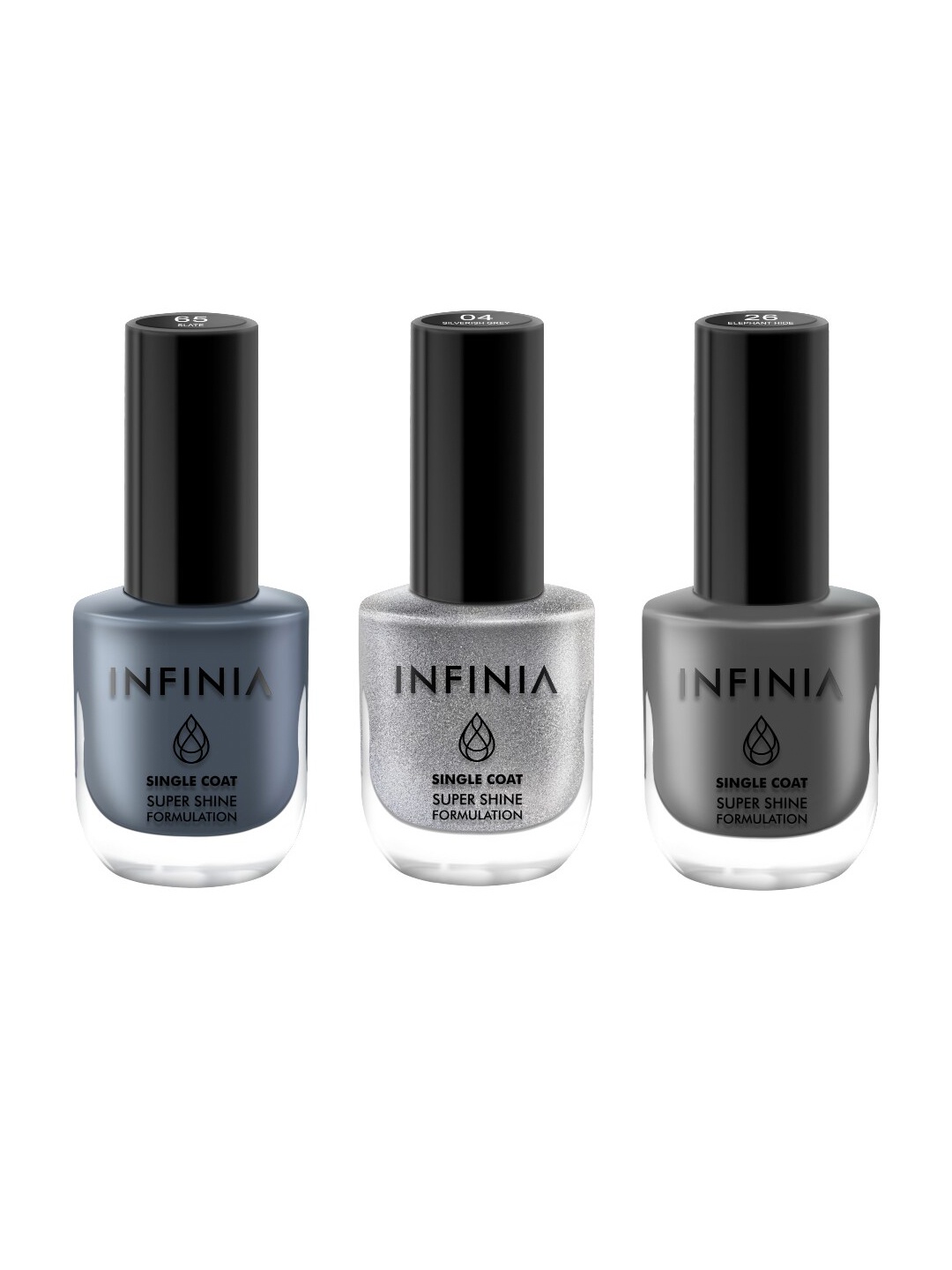 

INFINIA Set of 3 Vegan Nail Paints - Silverish Grey 004 + Elephant Hide 026 + Slate 065, Silver