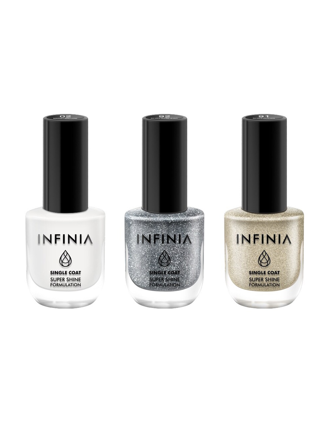 

INFINIA Set of 3 Nail Paints - Marsh Mallow 002+ Silver Glitter 091+ Silver Shine Star 092, White