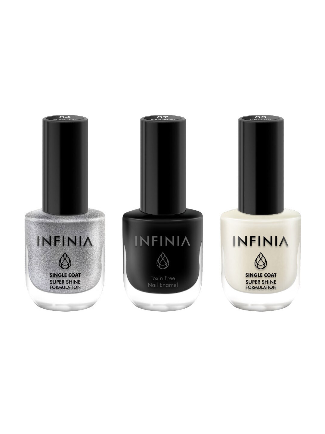 

INFINIA Set of 3 Vegan Nail Paints - White Charm 003 + Silverish Grey 004 + Dark Black 007