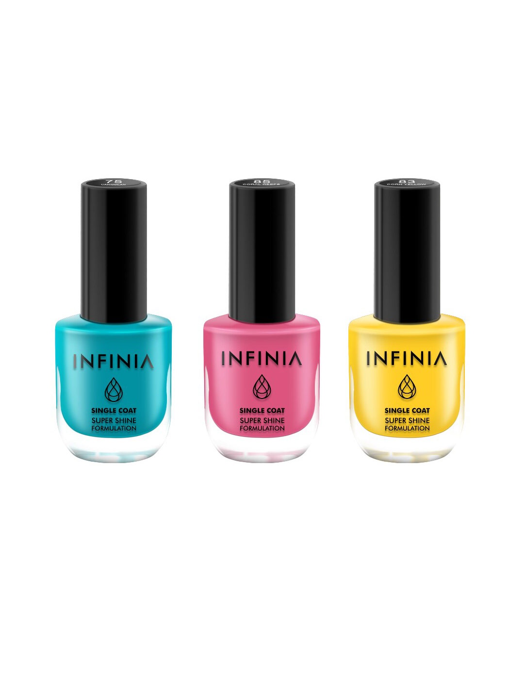 

INFINIA Set of 3 Single Coat Super Shine Formulation Nail Polishes - Shade 075 + 083 + 084, Blue