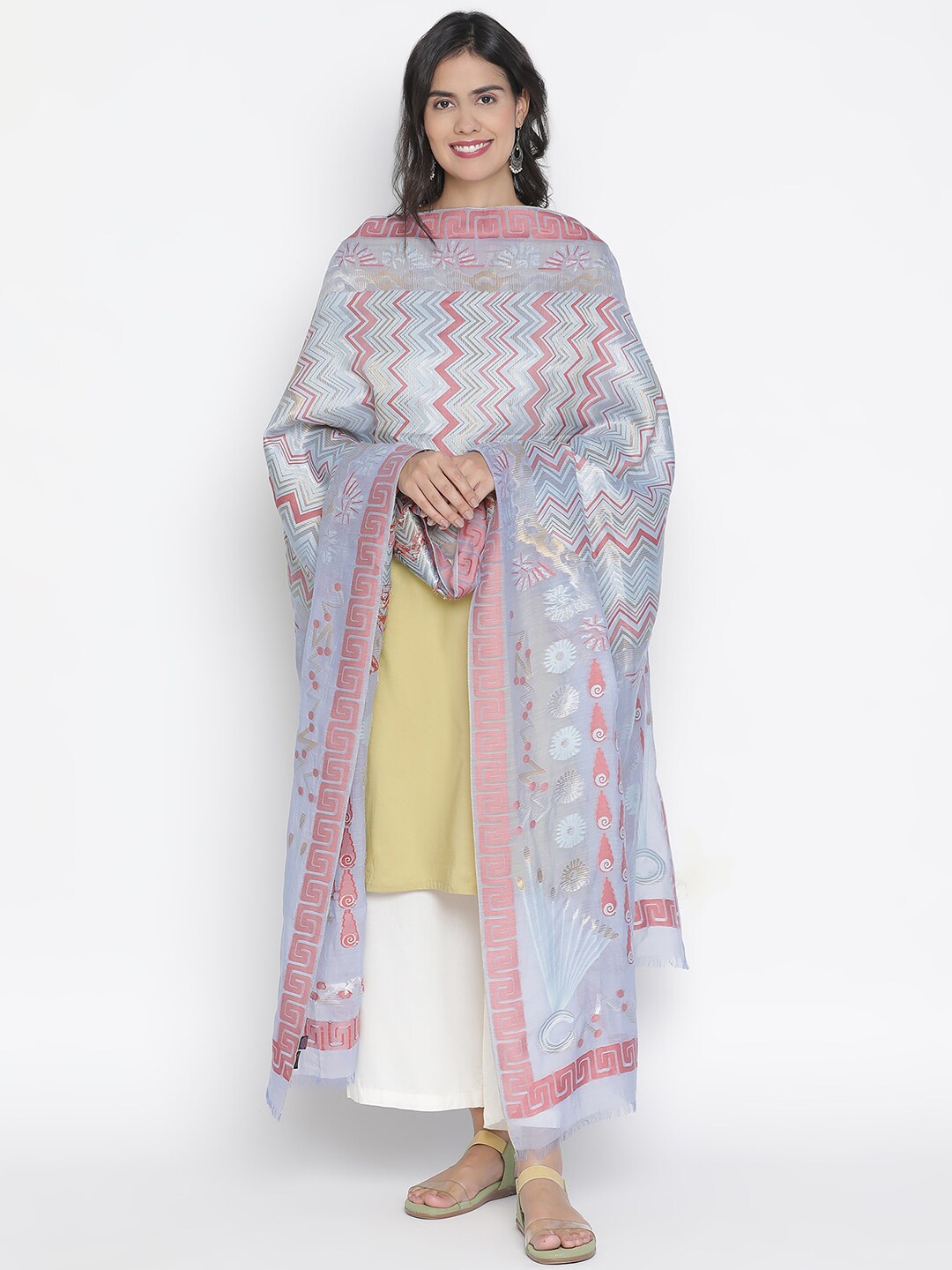 

SHINGORA Blue & Pink Woven Design Dupatta with chevron wave print