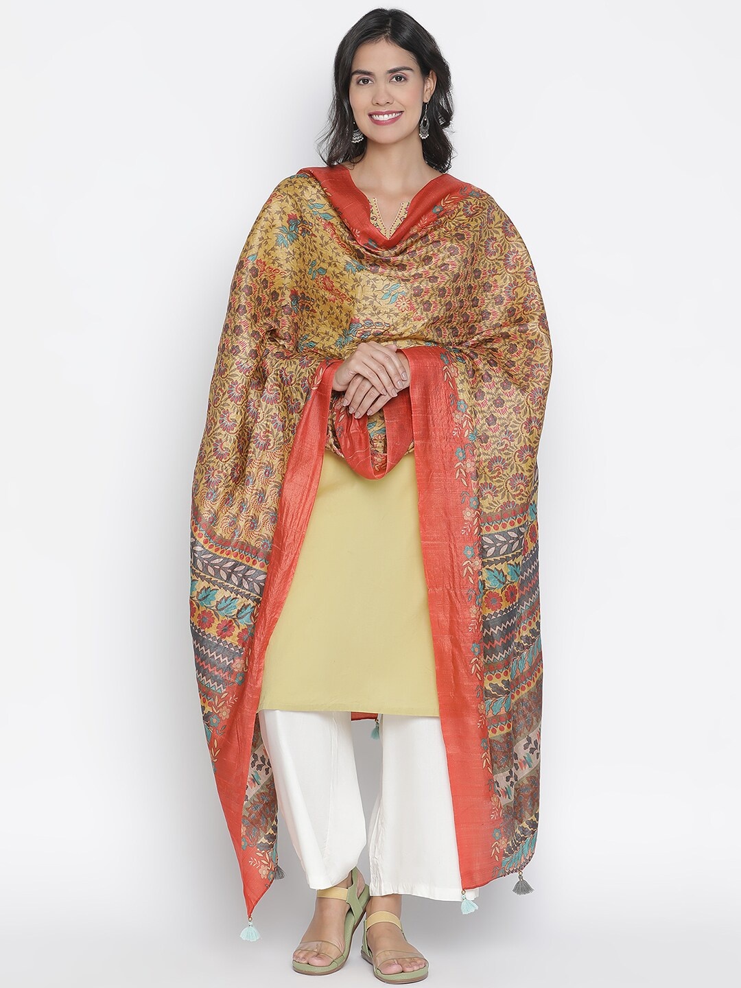 

SHINGORA Gold-Toned & Orange Printed Pure Silk Dupatta