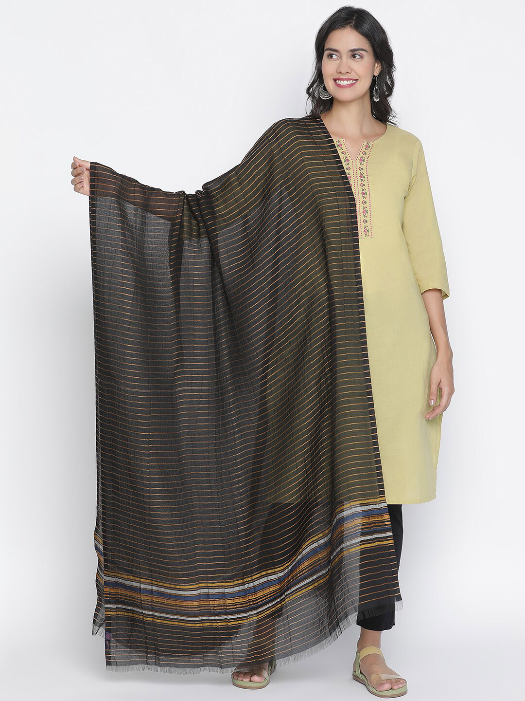 

SHINGORA Black & Gold-Toned Striped Dupatta