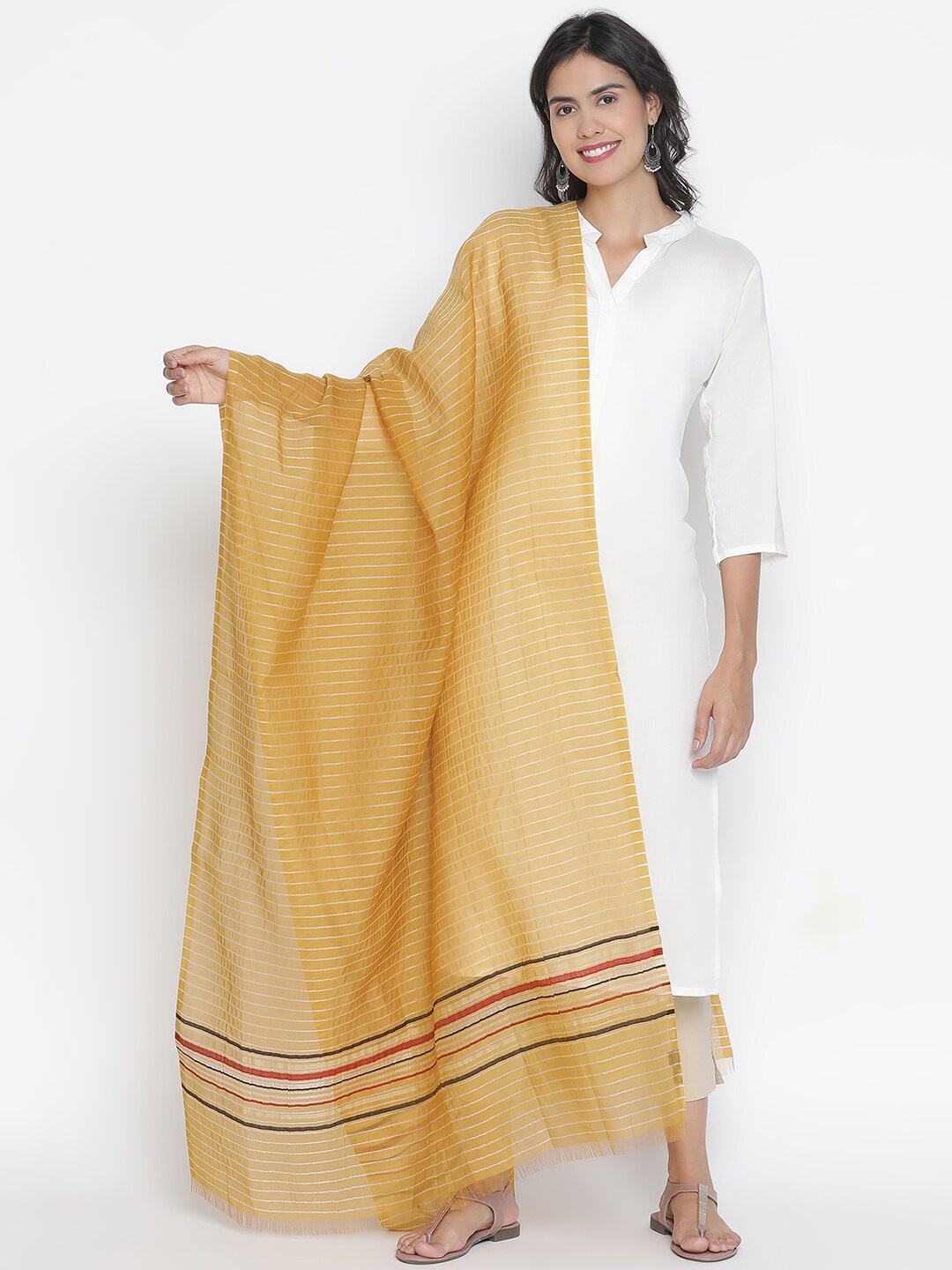 

SHINGORA Gold-Toned & White Striped Dupatta