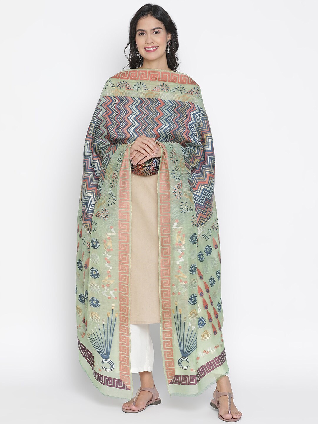 

SHINGORA Grey & Peach-Coloured Woven Design Dupatta