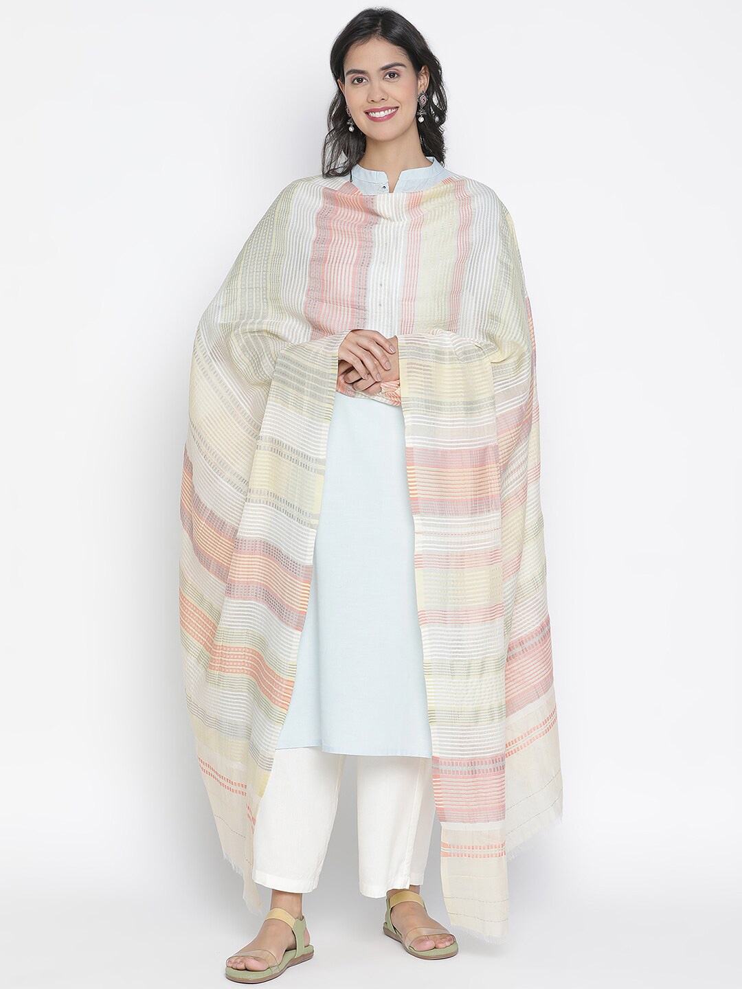 

SHINGORA Beige & Gold-Toned Striped Dupatta
