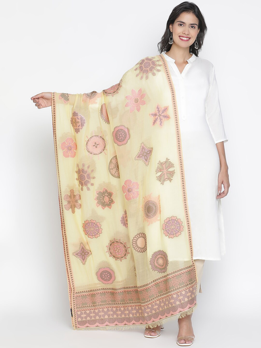 

SHINGORA Yellow & Pink Ethnic Motifs Woven Design Dupatta