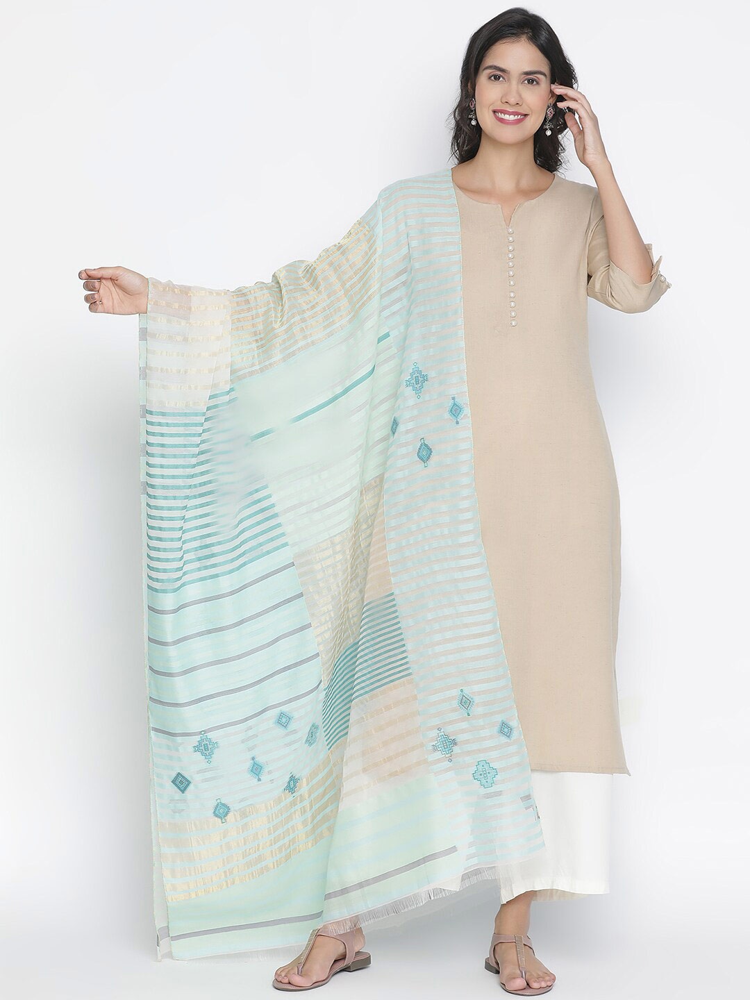

SHINGORA Turquoise Blue & Gold-Toned Woven Design Cotton Silk Dupatta