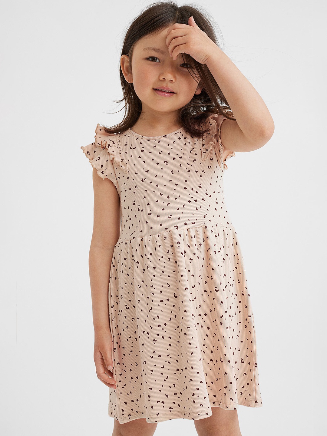 

H&M Girls Beige Flutter-Sleeved Cotton Dress