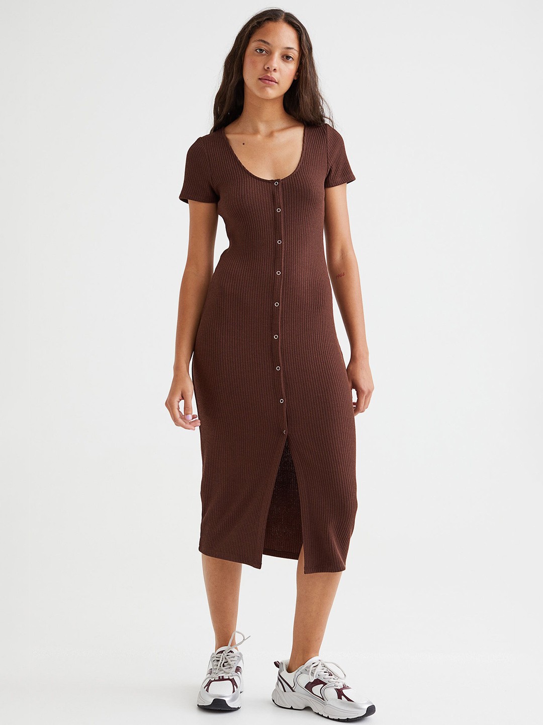 

H&M Women Brown Ribbed Jersey Dress
