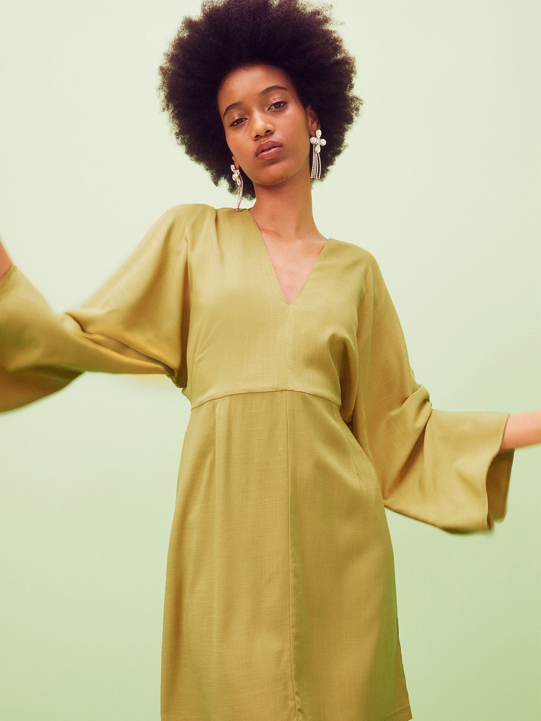 

H&M Women Olive Green Solid Wide-Sleeved Dress
