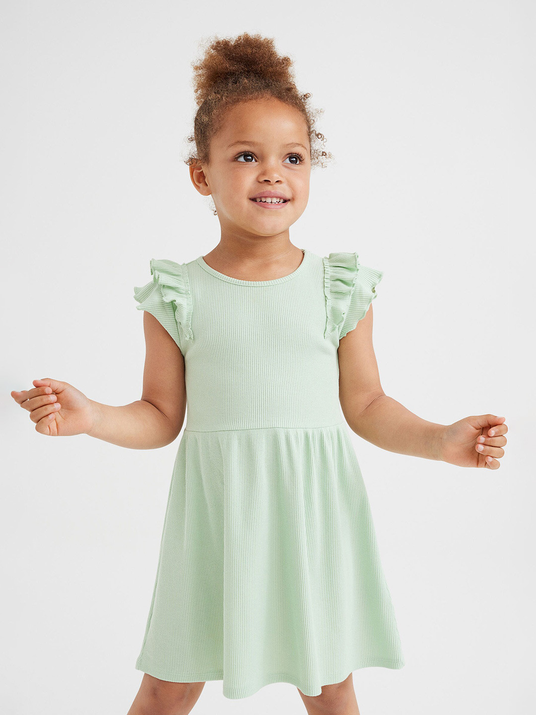 

H&M Girls Green Flutter-Sleeved Cotton Dress