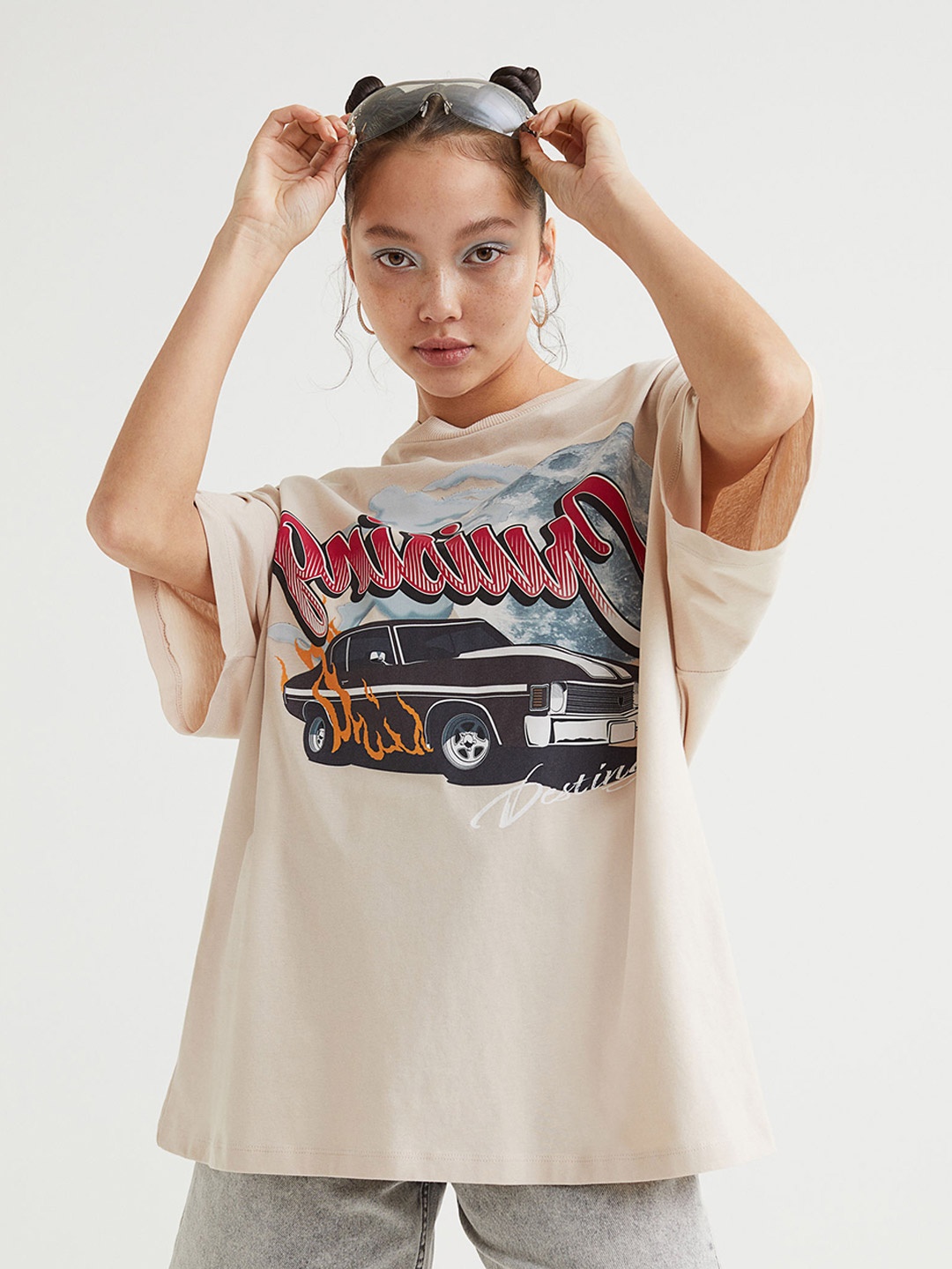 

H&M Women Beige Oversized Printed T-shirt