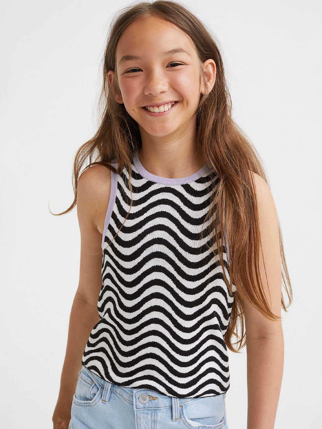 

H&M Girls Black & White Rib-Knit Top