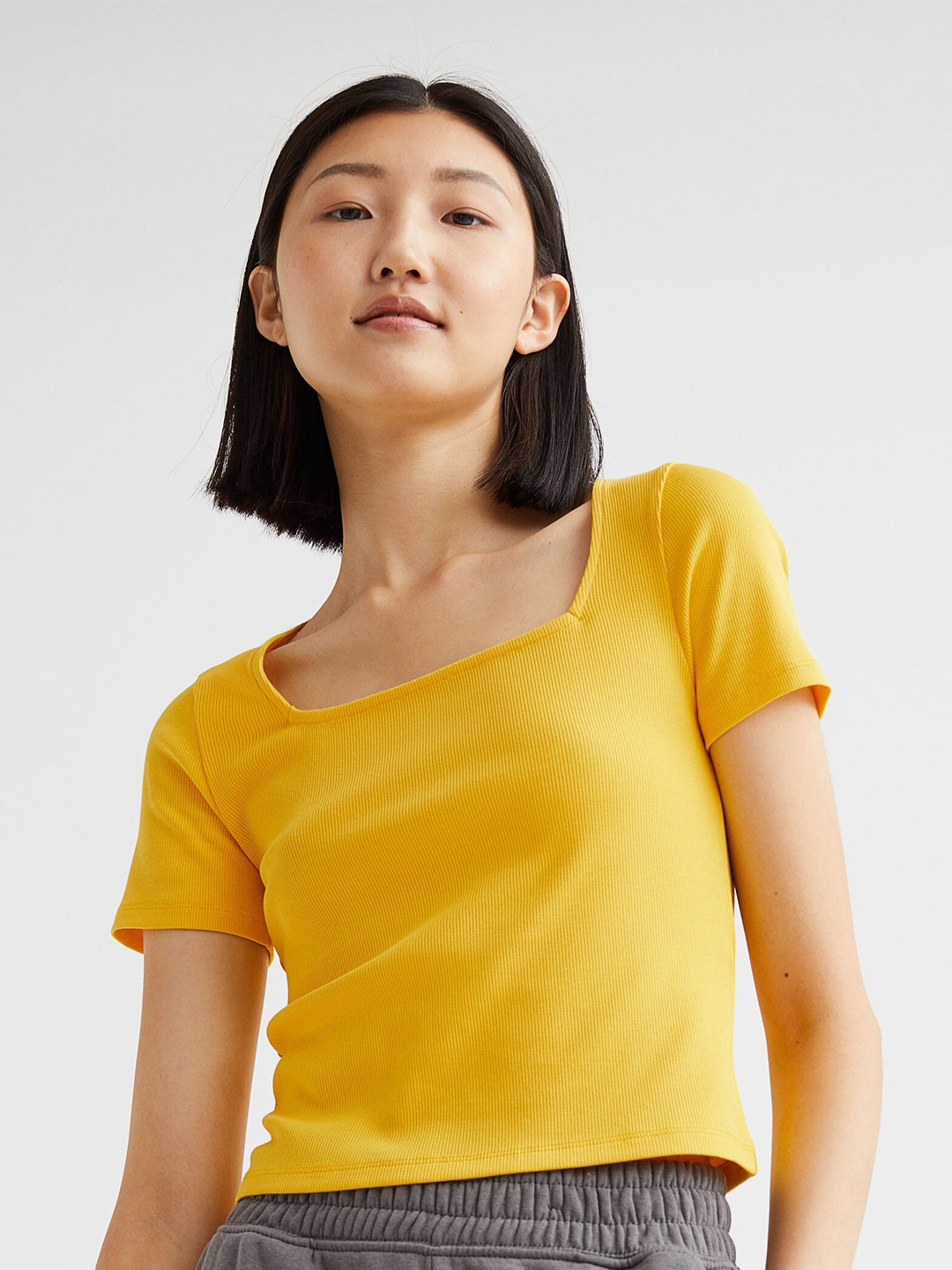 

H&M Women Solid Yellow Ribbed Top